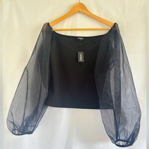 Black Sheer Puff Sleeve Express NWT Heart Collar Black Off the Shoulder Long